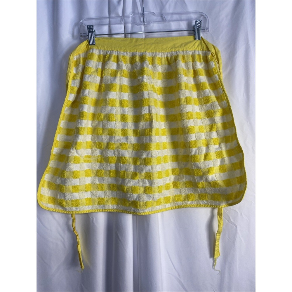 Unbranded Half Apron Women OS Yellow‎ Good Gingham Terry Cloth Vintage Retro Tie